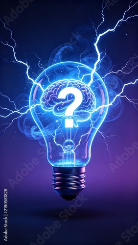 Innovative Light Bulb with Brain and Question Mark, Electric Energy