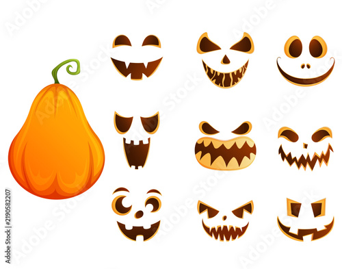 Halloween pumpkin with spooky carved faces set. Festive creepy vector illustration for seasonal crafts and decorations.