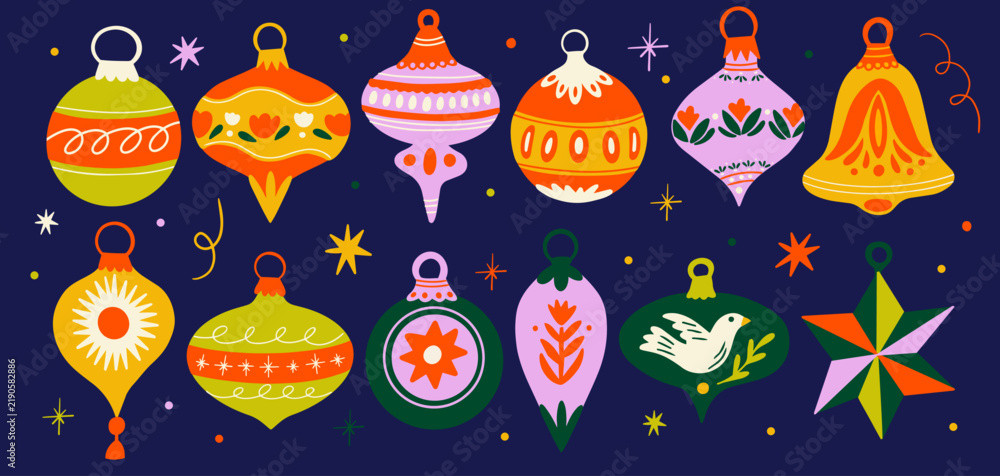 Obraz premium Collection of beautiful ornament winter holiday decorations for Christmas tree vector cartoon groovy funky illustration, retro Xmas baubles stickers set, hanging toys design elements