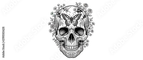 Obraz na plátně Detailed skull with butterfly and flowers, black and white