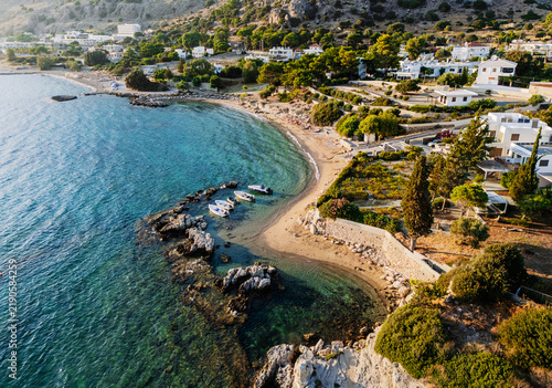 Aerial View Greek Coastal Village Beach.Summer