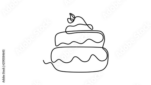 Animated self drawing of continuous line draw of  Cake with Strawberry Topping. Full length one line animation. 4K	