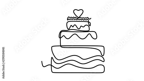 Animated self drawing of continuous line draw of   tiered wedding cake topped with a heart. Full length one line animation. 4K	