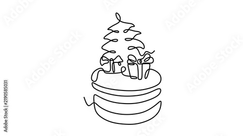 Animated self drawing of continuous line draw of Cake with Christmas Tree and Gifts.  Full length one line animation. 4K	
