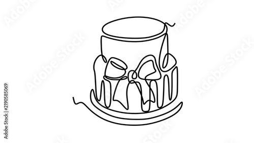 Animated self drawing of continuous line draw of Line Art Cake with Bow. Full length one line animation. 4K	