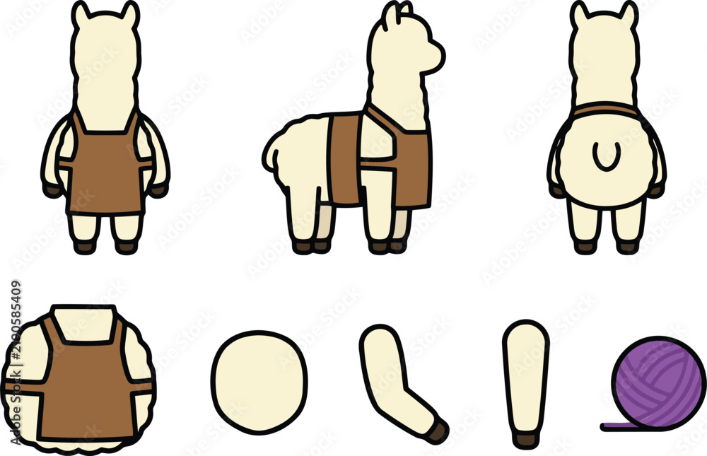 Obraz premium Llama Character Set with Rigging Parts and Yarn Ball. Customizable Mascot Design for Animation
