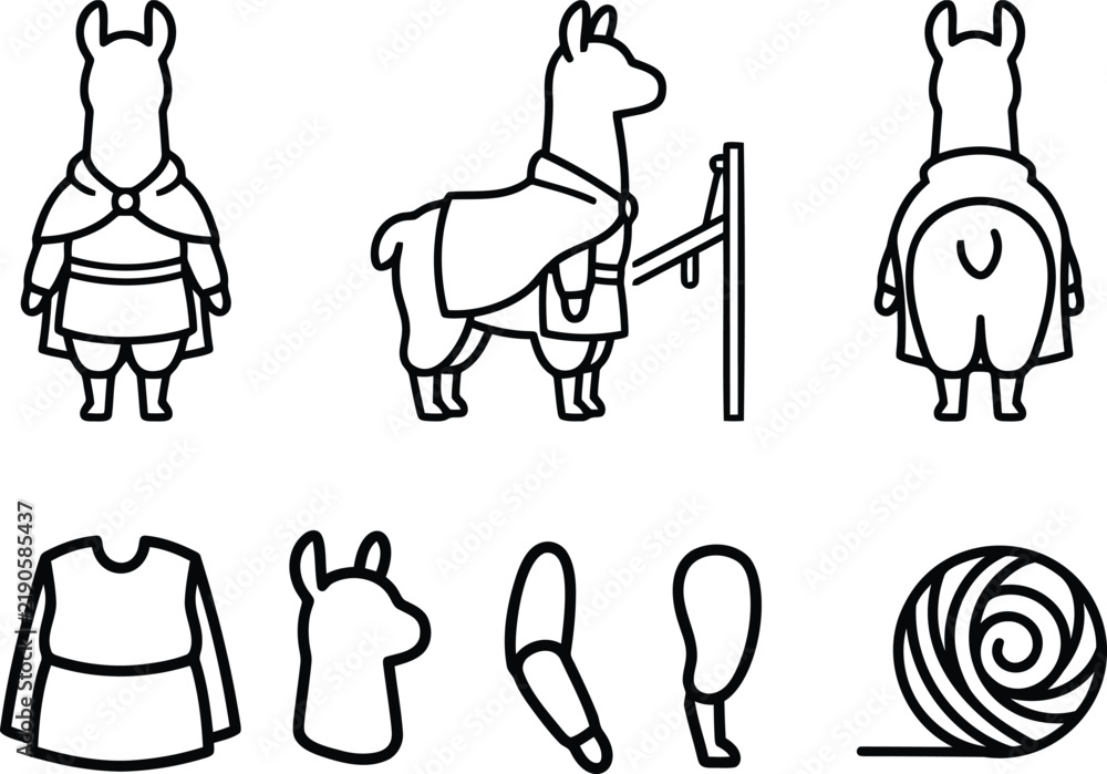 Obraz premium Llamas Set with Various Poses and Related Items, a Customizable Mascot Design