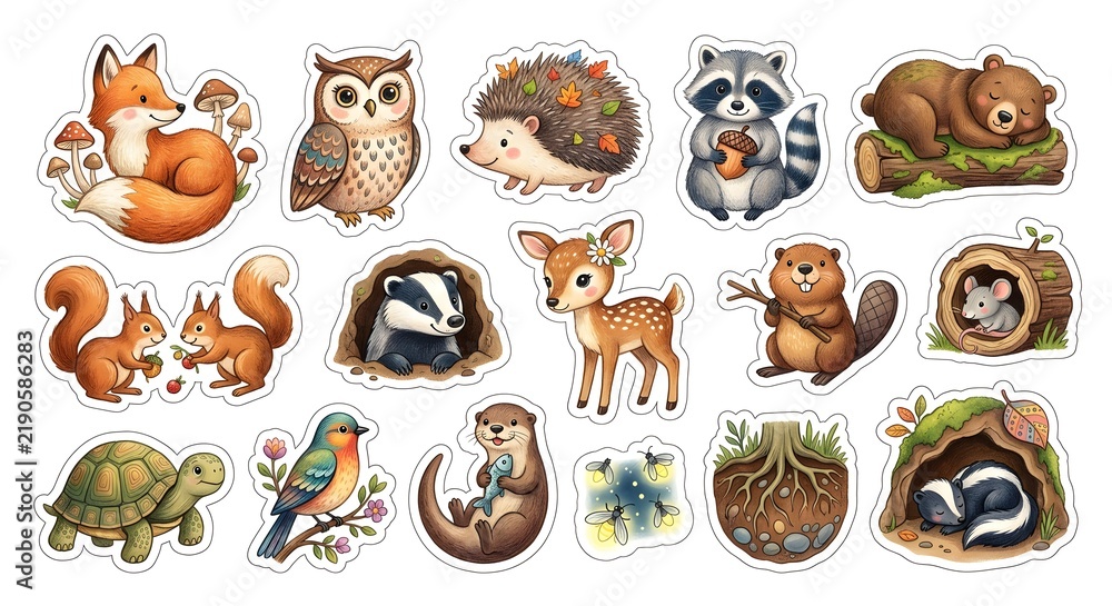 Obraz premium Cute hand-drawn woodland animals and forest elements sticker set isolated on white background. Doodle style.