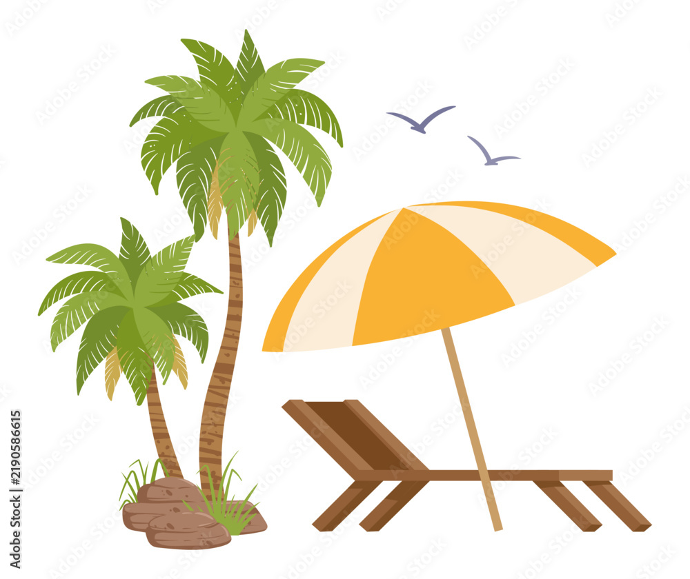Obraz premium Summer beach scene. Cartoon palm trees, striped sun umbrella and wooden lounge chair on sandy ground flat vector illustration. Tropical resort vacation design