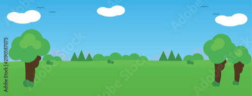 Bright Green Meadow Landscape With Trees Under Clear Sky Background
