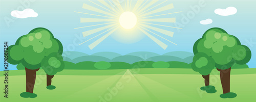 Bright Sunny Day Landscape With Green Trees And Rolling Hills