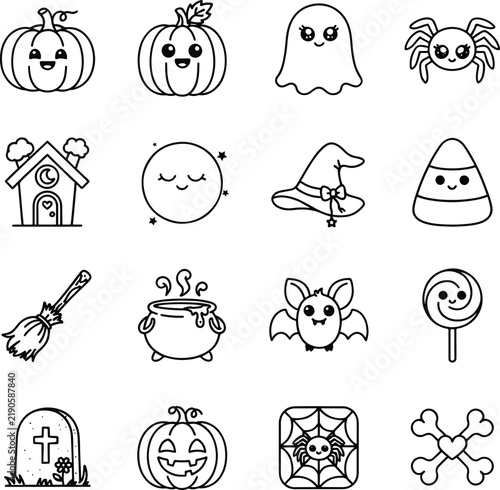 Kawaii Halloween Elements Vector Collection Outlines for Crafting