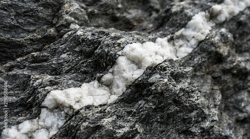 White quartz vein embedded in dark textured metamorphic grey rock formation