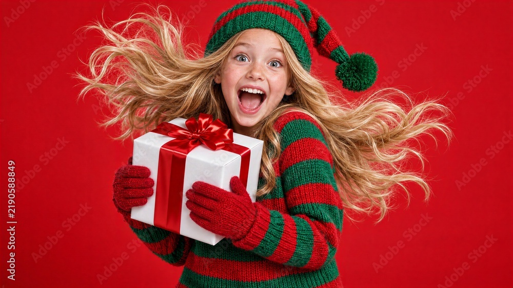 Naklejka premium Excited girl in elf costume holding Christmas gift on red background