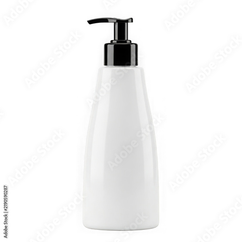White plastic bottle with black pump dispenser for soap or lotion isolated on transparent background