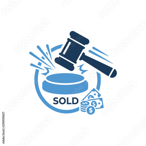 Obraz na plátne Auctioneer strikes gavel on block with sold label and money to finalize a business bidding deal
