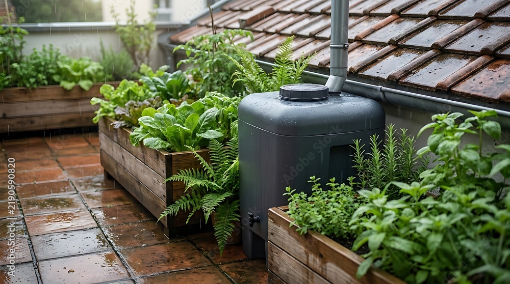 Obraz premium Rain barrel collecting water next to green vegetable garden beds on a rooftop patio during a rainy day. terrace rainwater tanks