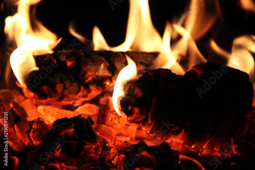 Burning wood with a bright fire in the fireplace