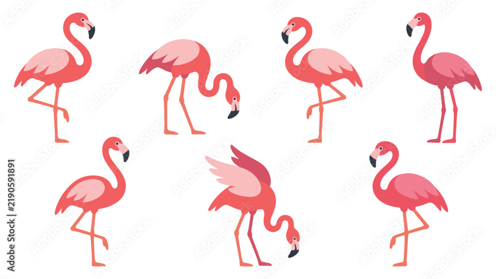 Obraz premium Pink flamingo set of cartoon birds standing in various fun poses.