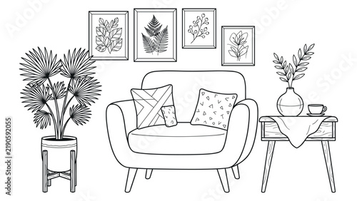 Bild auf Leinwand Living room interior furniture collection in hand drawn line style