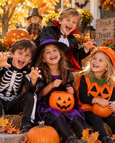 children in halloween costumes sitting among pumpkins and autumn decorations, realistic photography style with warm golden tones and balanced composition emphasizing joy, friendship