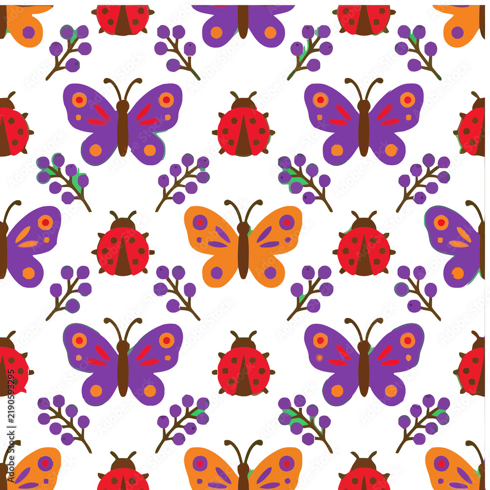 Fototapeta premium Seamless pattern of cartoon butterflies and ladybugs