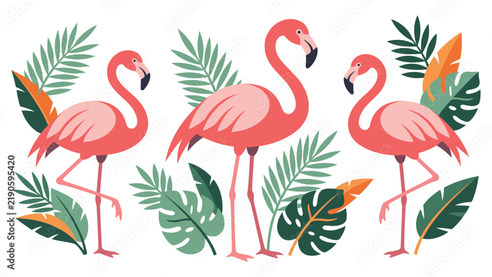 Obraz premium Tropical flamingos with palm leaves on white background for design.