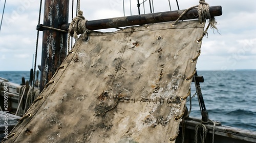 Worn canvas sail attached to old wooden mast on sailboat ocean