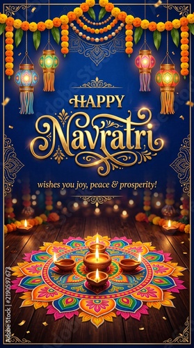 Happy Navratri greeting poster design with traditional marigold garlands and glowing oil lamps