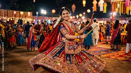 Young Indian woman performing traditional Dandiya Raas dance in a vibrant festive celebration