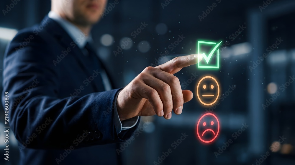 Obraz premium Professional businessman touching a virtual customer satisfaction survey interface