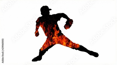 Silhouette of a baseball pitcher with fire texture