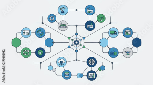 Digital network connection diagram with various technology icons.