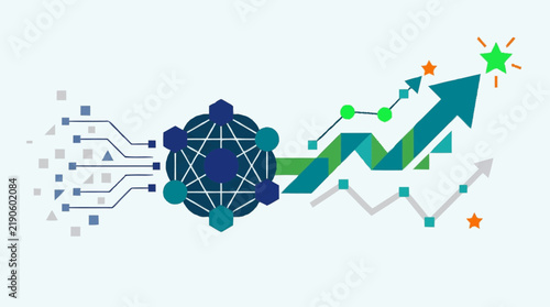 Digital network growth chart with upward arrow and circuit nodes.