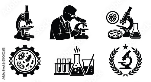 Scientific laboratory equipment and dna structure black vector silhouettes