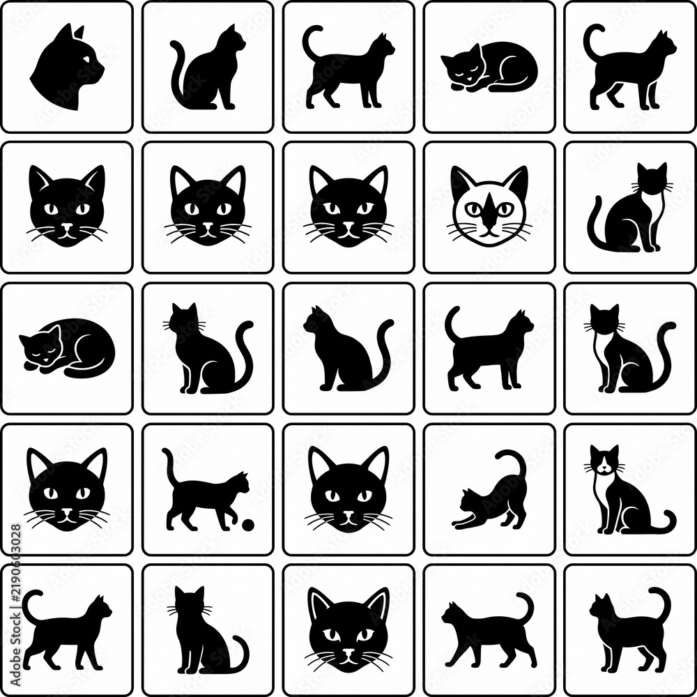 Obraz premium Black Cat Silhouette and Face Icon Vector Set