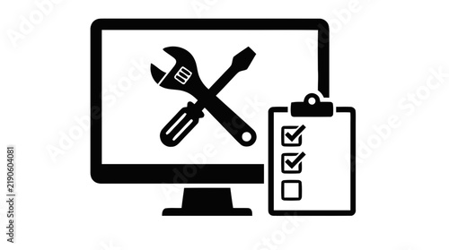 Vector illustration of computer repair service icon with checklist and tools on a transparent background