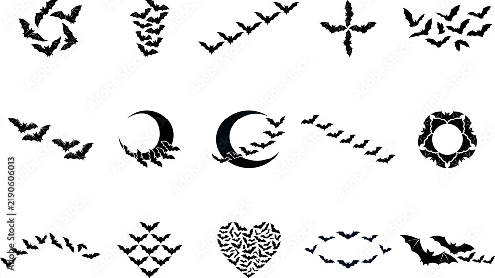 Fototapeta premium Collection of halloween bat silhouettes forming various shapes 
