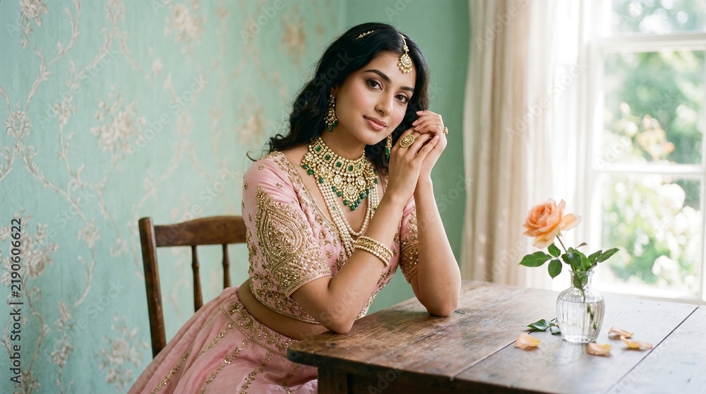 Fototapeta premium Young Indian woman in traditional pink lehenga sitting at a table