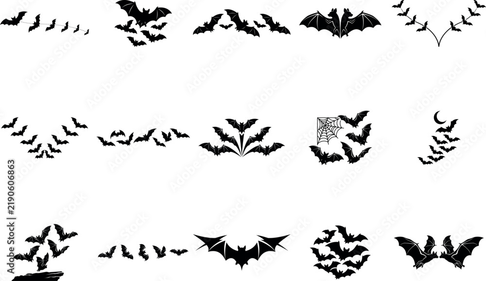 Fototapeta premium Collection of black halloween bat silhouettes against a white background 