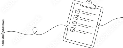 Continuous single line drawing of a clipboard with checklist task list line art todo list check mark white