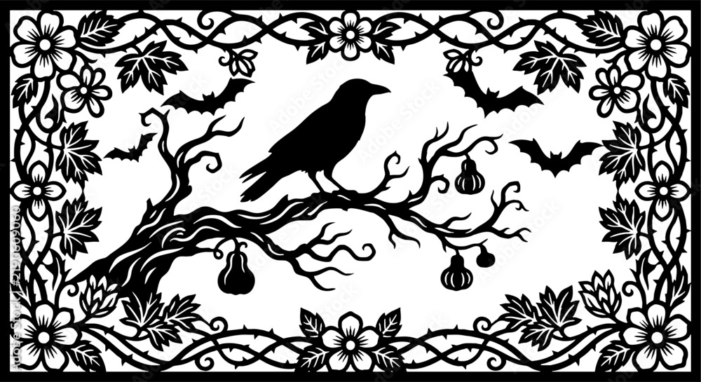 Obraz premium Gothic raven silhouette on tree branch with bats and floral frame