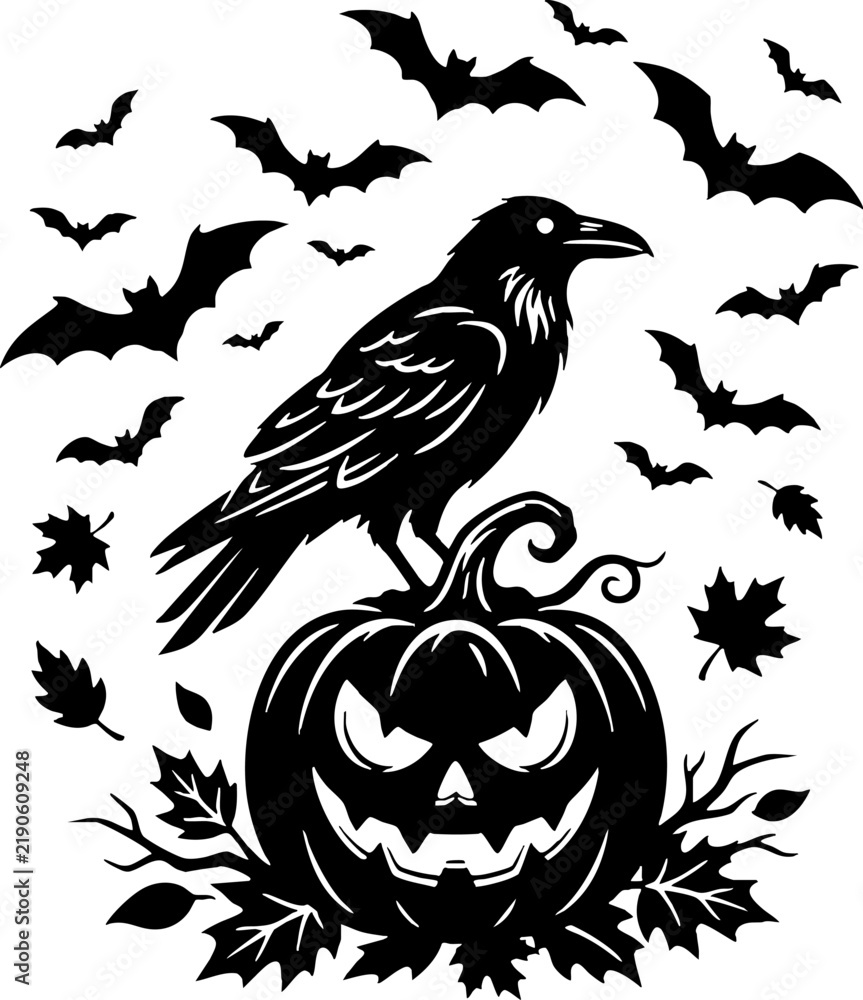 Fototapeta premium Black raven perched on a Halloween pumpkin with bats and leaves
