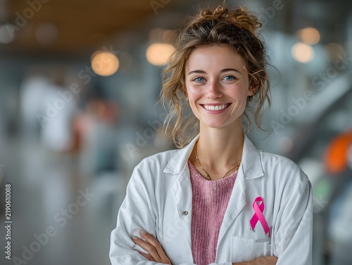 Female doctor in a white coat wearing a pink awareness ribbon, modern hospital, confident smile, clean background, copy space, professional healthcare stock photography