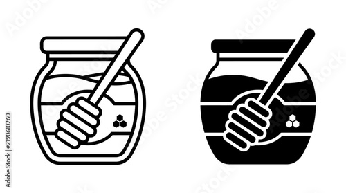 Set of black and white honey jar icons with wooden dipper.