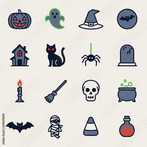 Modern Halloween Icon Set with Spooky Flat Line Art Elements