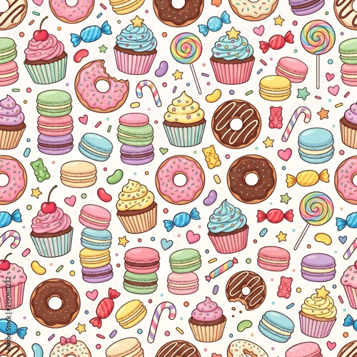 Seamless square pattern with cupcakes, donuts, macarons and candies, colorful bakery theme, cute vector design