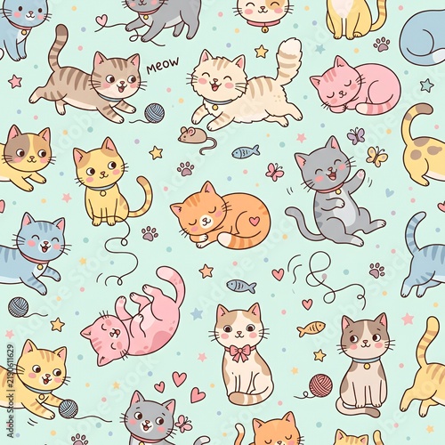 Seamless square pattern featuring adorable cartoon cats in various poses, playful expressions, pastel colors, children's textile design, vector illustration