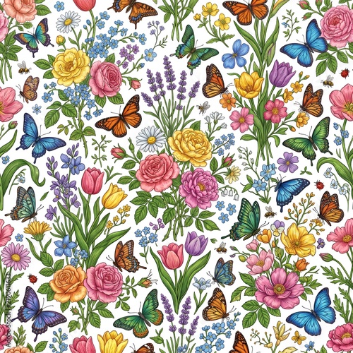 Seamless square pattern with colorful butterflies and blooming flowers, spring garden theme, highly detailed illustration