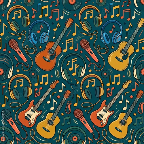 Seamless square pattern featuring headphones, musical notes, guitars and microphones, modern music-themed design